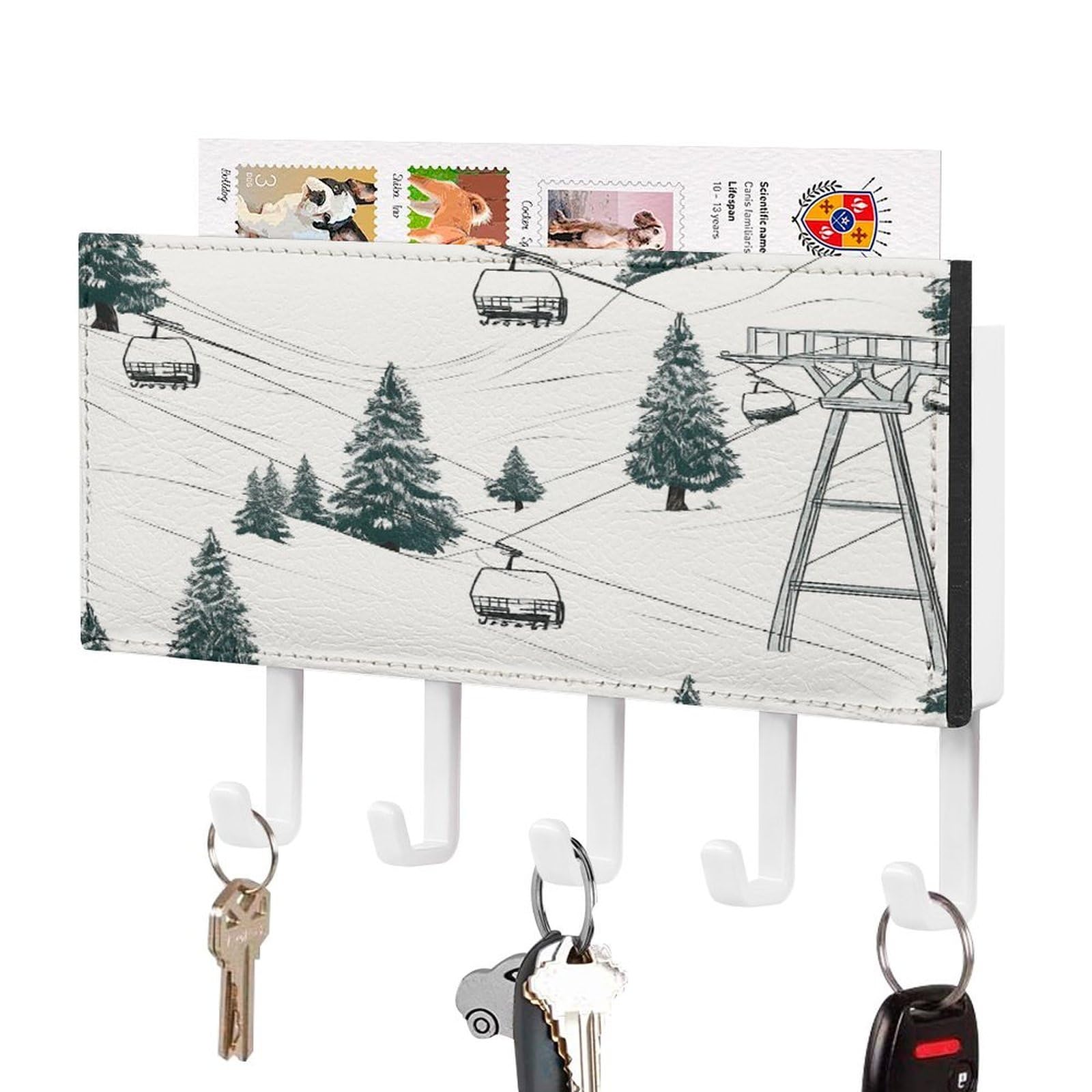 LDGSUPH Ski Lift with Fir Tree Key Holder Wall Mount Key Hanger with 5 Hooks Fashion Key Organizer Rack Hanging Key Hooks with Mail Organizer Key Rack for Home Entryway Hallway White-Style