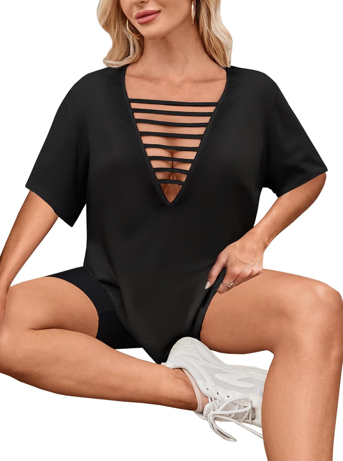 Remidoo Womens Oversized Tshirt Ripped Tie Dye Shirt Sexy Cut Out Top Short Sleeve V Neck Tee - Image 3