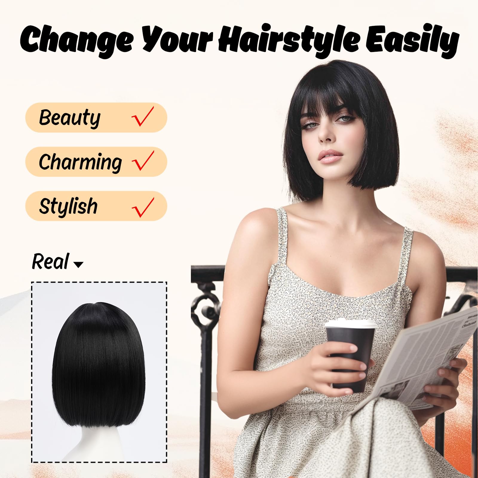 YaissmyLu Short Black Bob Wig with Bangs Black Straight Bob Wigs for Women Natural Looking Synthetic Hair Heat Resistant Fiber Colorful Wig for Costume Cosplay Party (10 inch) - Image 3