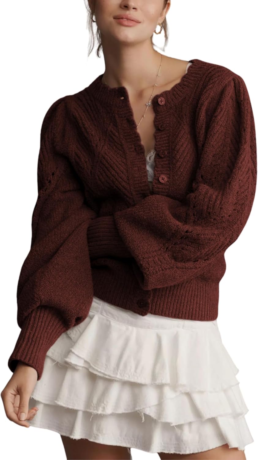 Women Pointelle Knit Lightweight Cardigan Puff Sleeve Scalloped Trim Button Down Open Front Cropped Sweater Jacket