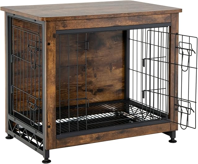 COSTWAY Wooden Dog Crate with Removable Tray, 2 Doors Puppy Wire Cage End Table, Lockable Pet Kennel Furniture for Small Animals