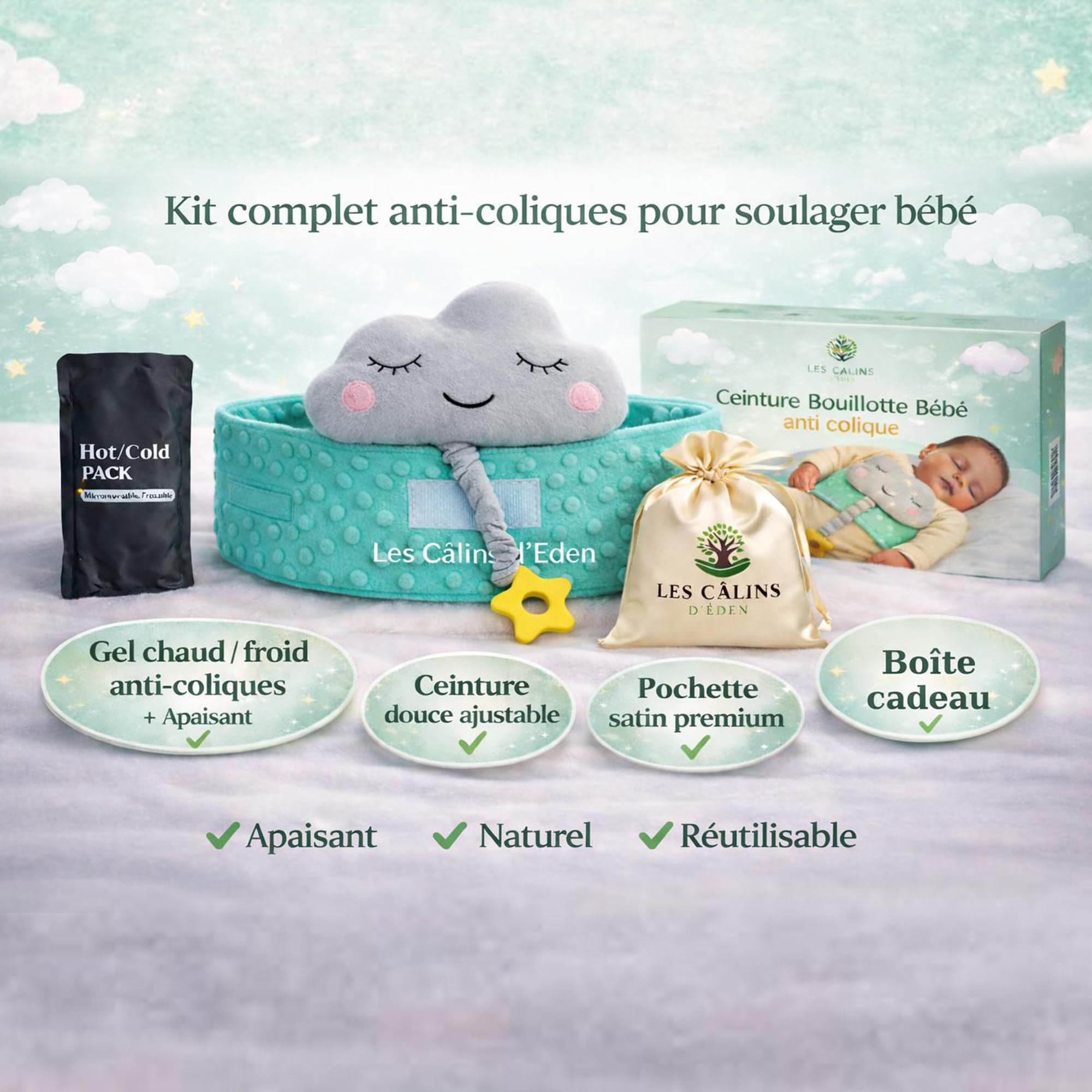 Ceinture bouillotte bébé anti-coliques – poche gel chaud/froid, doudou musical amovible, anneau de dentition silicone étoile, housse satin – soulage coliques & ballonnements – Certifiée CE