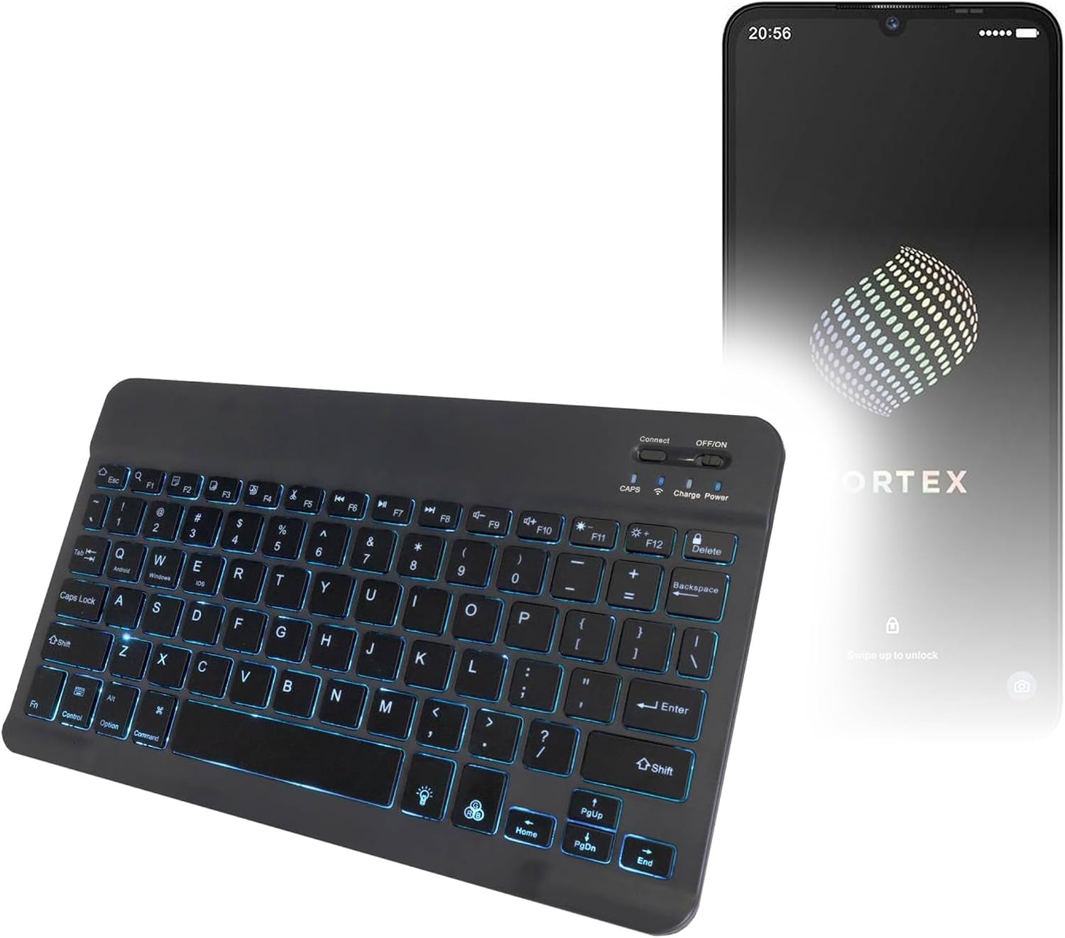 BoxWave Keyboard Compatible with Vortex JK68 Smartphone (6.745 in) - SlimKeys Bluetooth Keyboard - with Backlight, Portable Slim LED 7 Colors - Jet Black
