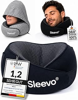 Sleevo Pro Nackenkissen mit Kapuze & Memory Foam für Flugzeug & Reise – Ergonomisches Nackenhörnchen, Schlafkissen mit Sichtschutz & Waschbar inkl. Tasche – Schwarz (L)