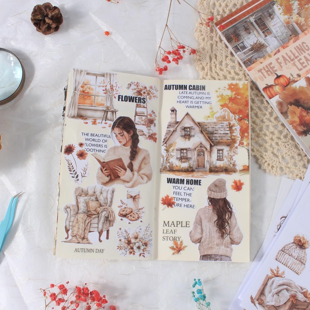 Cozy Autumn Sticker Book for Journaling, Fall Pre-Cut Stickers