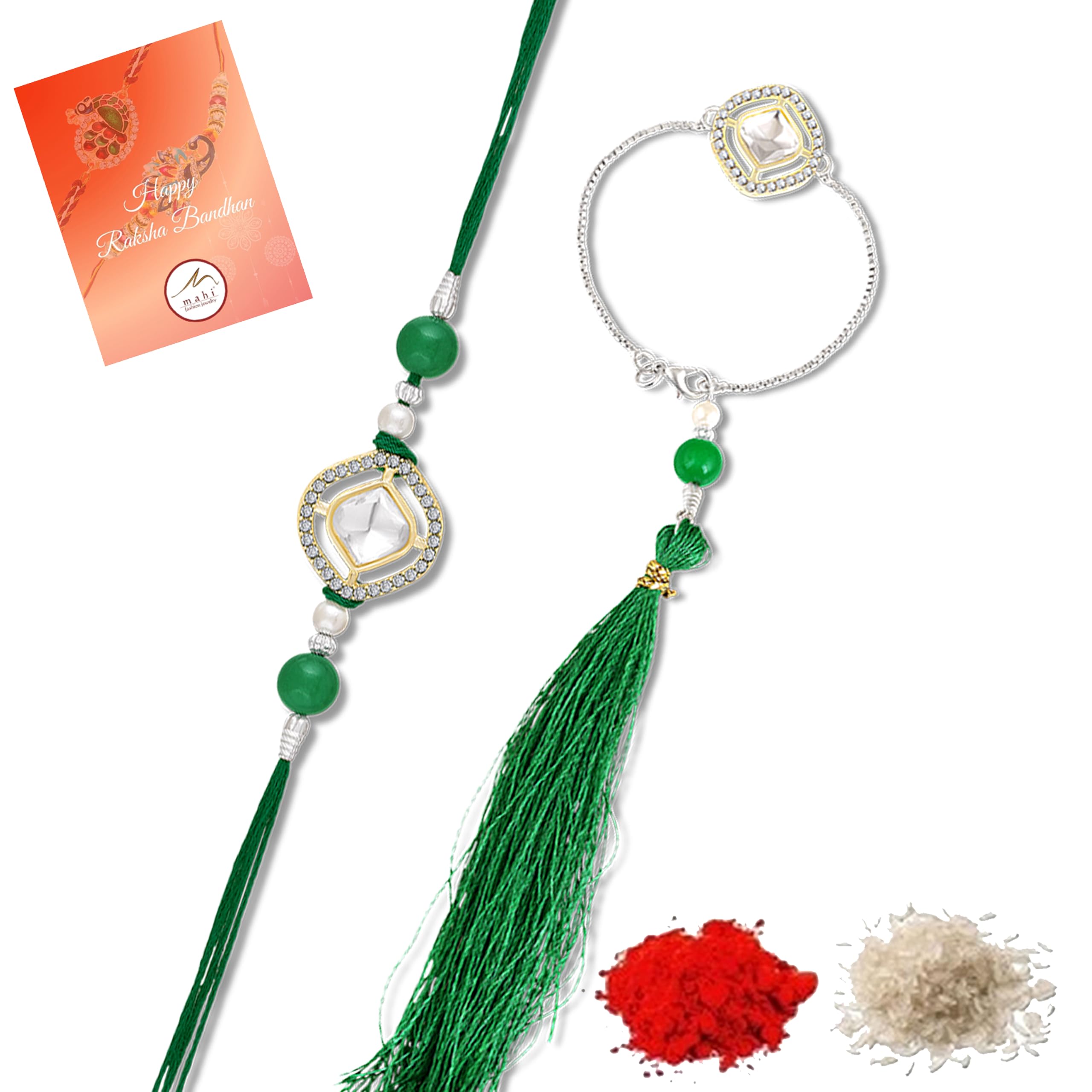 Green Stone Bhaiya Bhabhi Couple Rakhi Set with Lumba (RCOL1106016G)-image-18