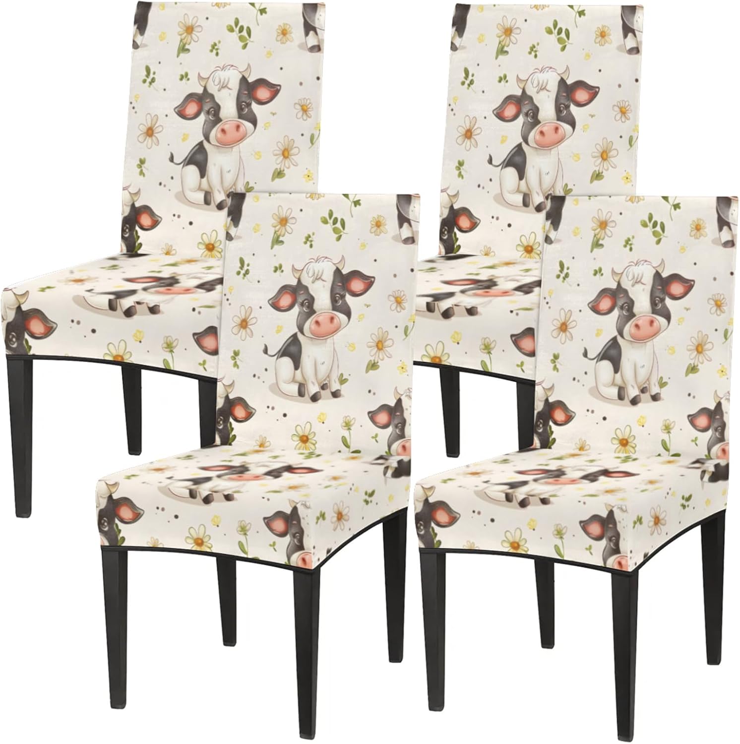 QsirBC Cute Cow Chrysanthemum Stretch Dining Room Chair Covers Set of 4 Chair Slipcovers Removable Washable Kitchen Seat Covers Chair Protectors for Hotel Party Wedding
