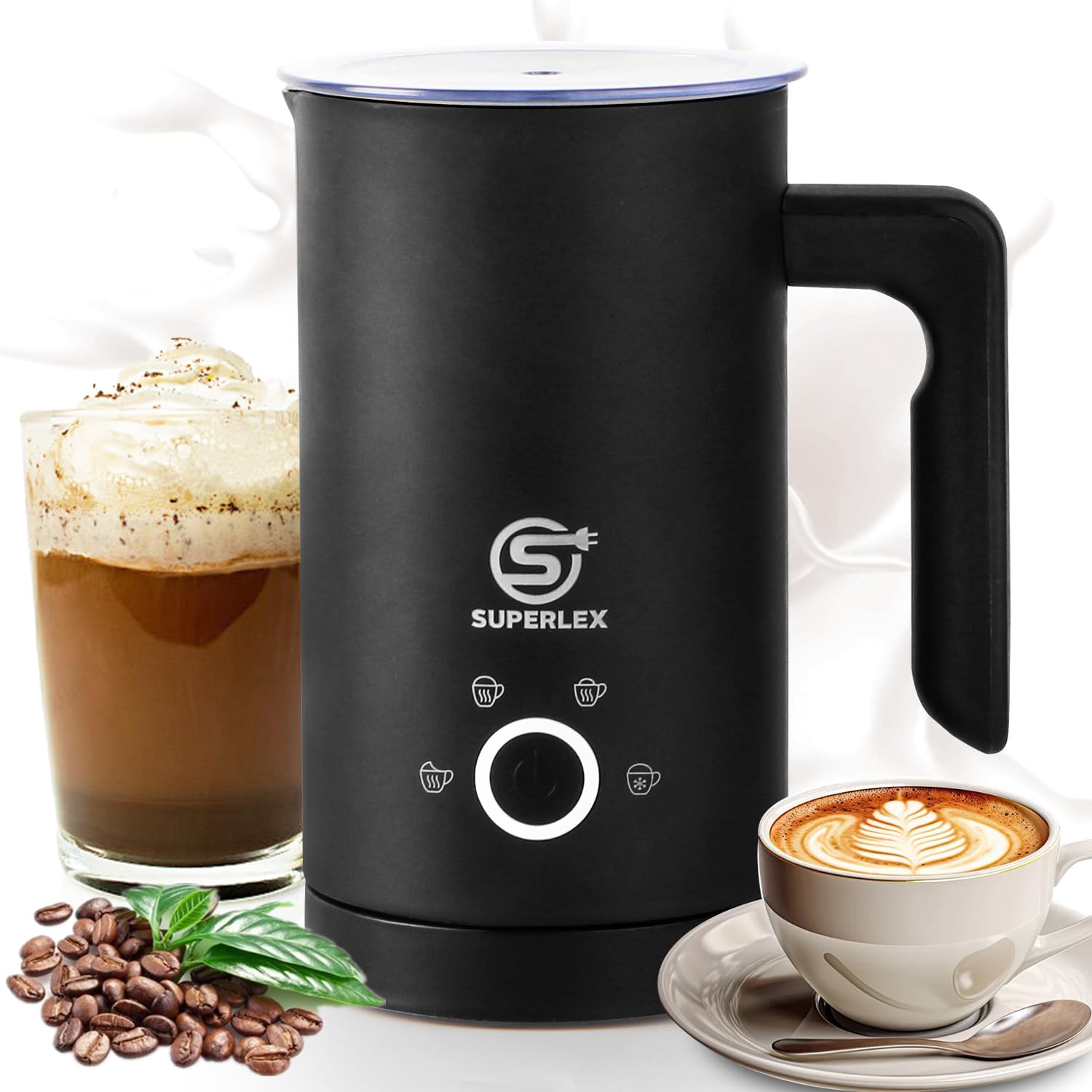 SUPERLEX 4-in-1 Electric Milk Frother with various coffee drinks