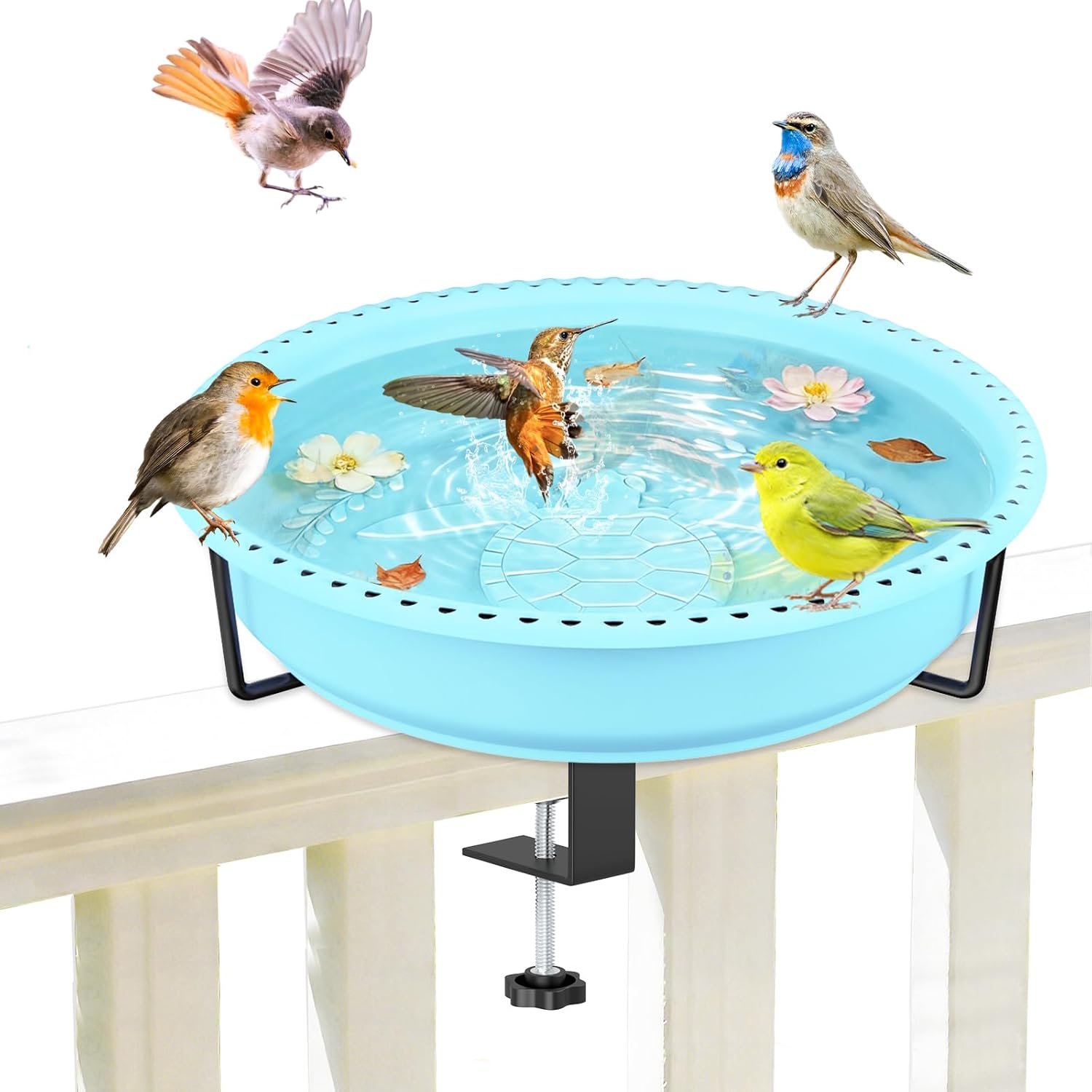 Bird Baths for Outdoors, Rustproof Metal Clamp Birdbaths & Birdfeeder with Detachable Plastic Basin, Outdoor Bird Feeding & Watering Station for Wild Birds Garden Patio Balcony (Blue)