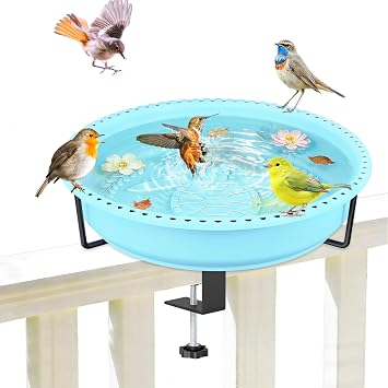 Bird Baths for Outdoors, Rustproof Metal Clamp Birdbaths & Birdfeeder with Detachable Plastic Basin, Outdoor Bird Feeding & Watering Station for Wild Birds Garden Patio Balcony Blue