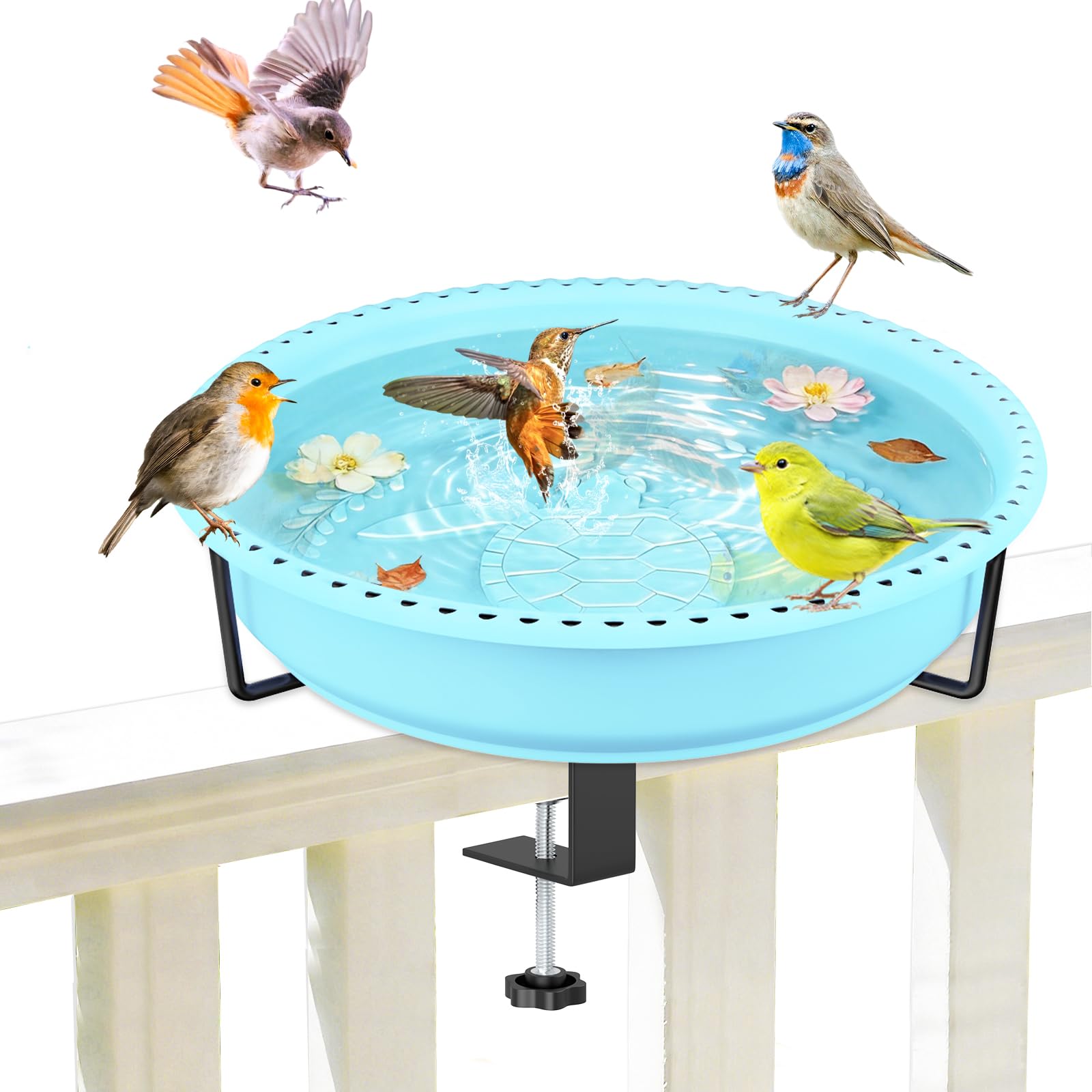 YOADEHOA Bird Baths for Outdoors, Rustproof Metal Clamp Birdbaths & Birdfeeder with Detachable Plastic Basin, Outdoor Bird Feeding & Watering Station for Wild Birds Garden Patio Balcony (Blue)