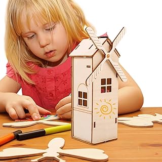 Scientific Project Toy, Solar Motor Kit, Unfinished Wooden Solar Powered Windmill Kit for 10 years Children