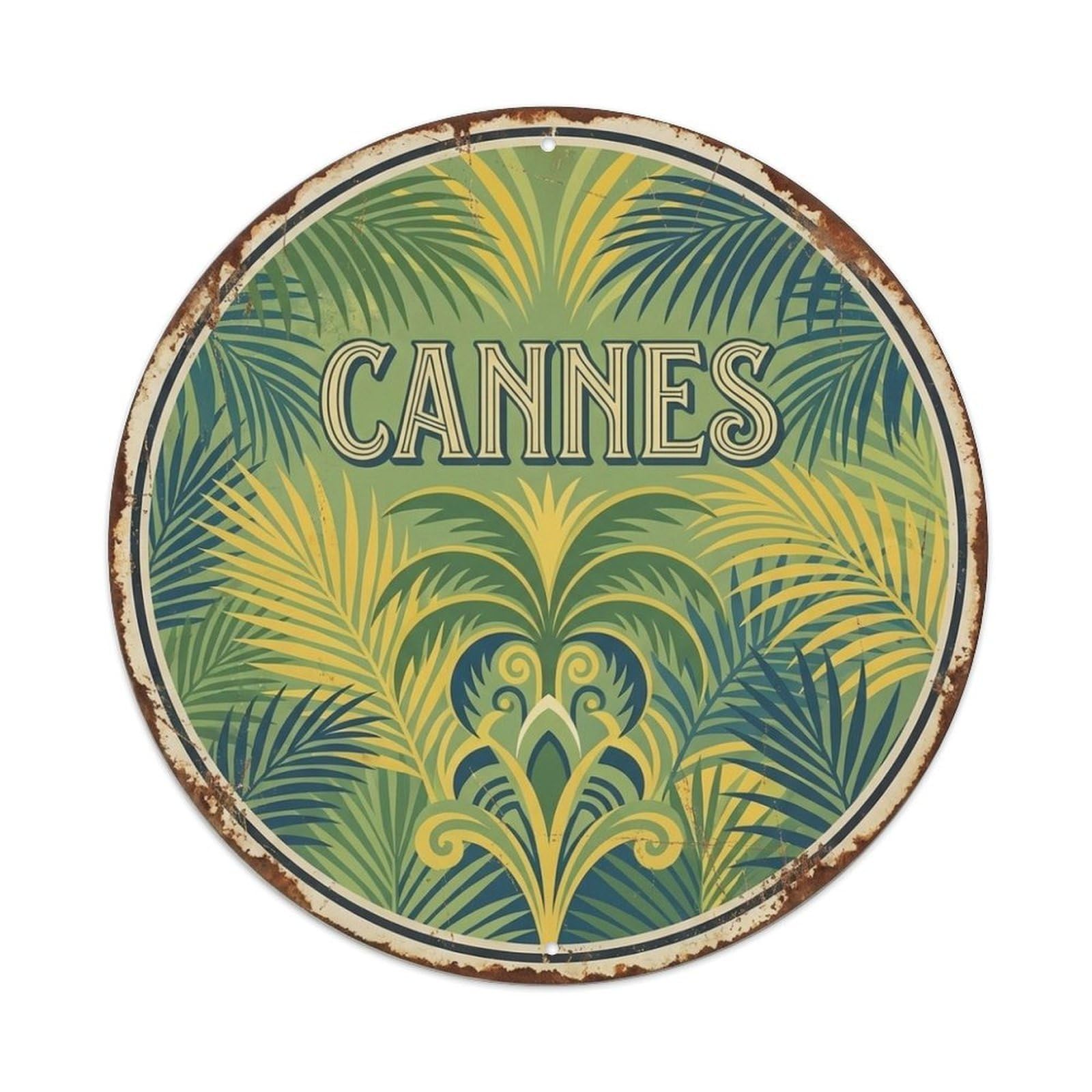 Retro Cannes Palm Leaf Pattern Mediterranean Travel Metal Tin Sign