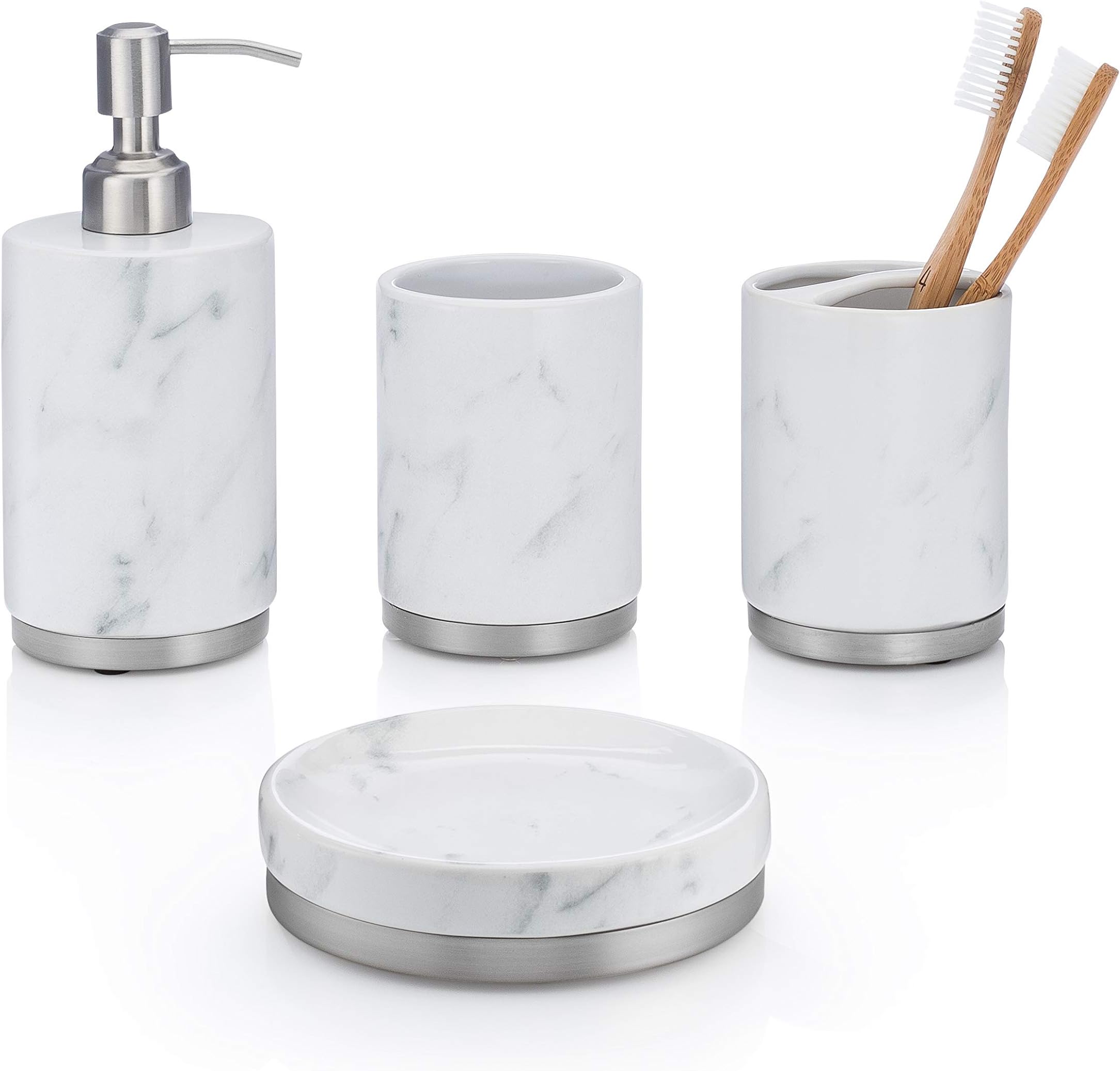 EssentraHome 4-Piece White Ceramic Bathroom Accessory Set with Marble Look, Complete Set Includes: Soap/Lotion Dispenser, Toothbrush Holder, Tumbler, and Soap Dish