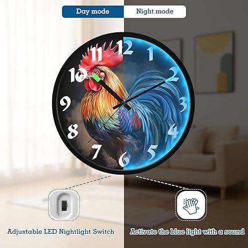 Miniatura 4 de STAYTOP Retro Style Farmhouse Rooster LED Wall Clock for Bedroom Night Glow,12 Inch Silent Light Up Wall Clocks for Living Room Decor, Sound Control