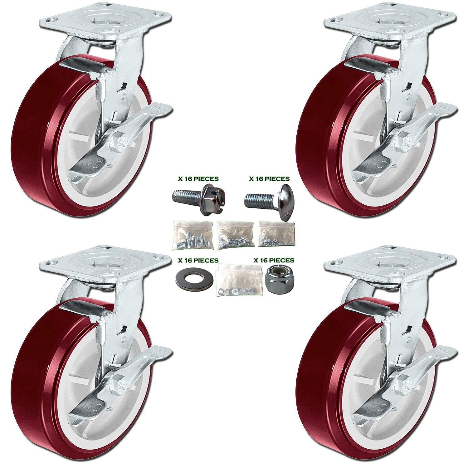 CasterHQ - 6" Heavy Duty Polyurethane Wheel Swivel Casters with Top Locking Brakes - Non Marring - 900 lbs Per Caster - Set of 4-3,600 lbs Capacity - Mounting Hardware Included
