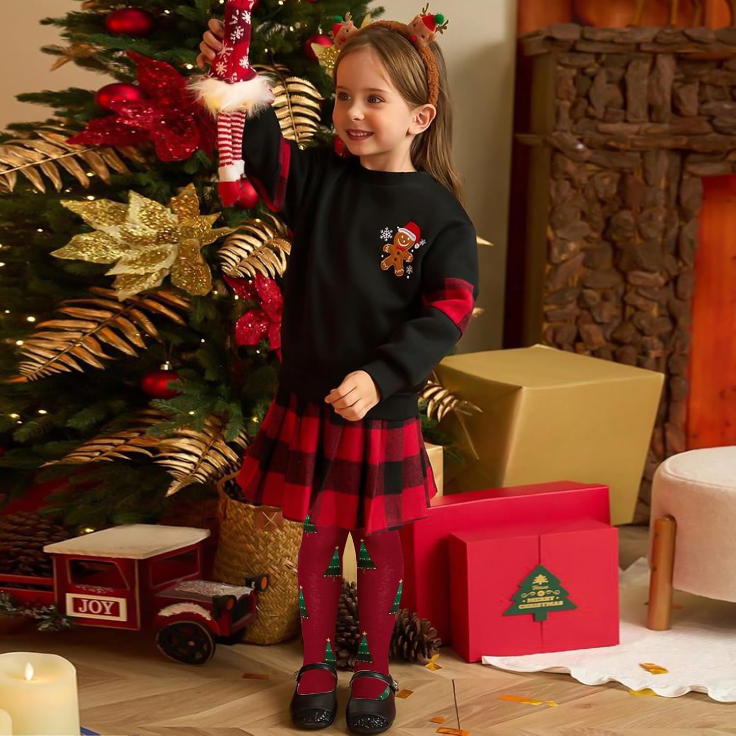 2 Pairs Girls Patterned Red Tights Christmas Holiday Stockings Kids Snowflake Printed Tights for Girls 4-10t