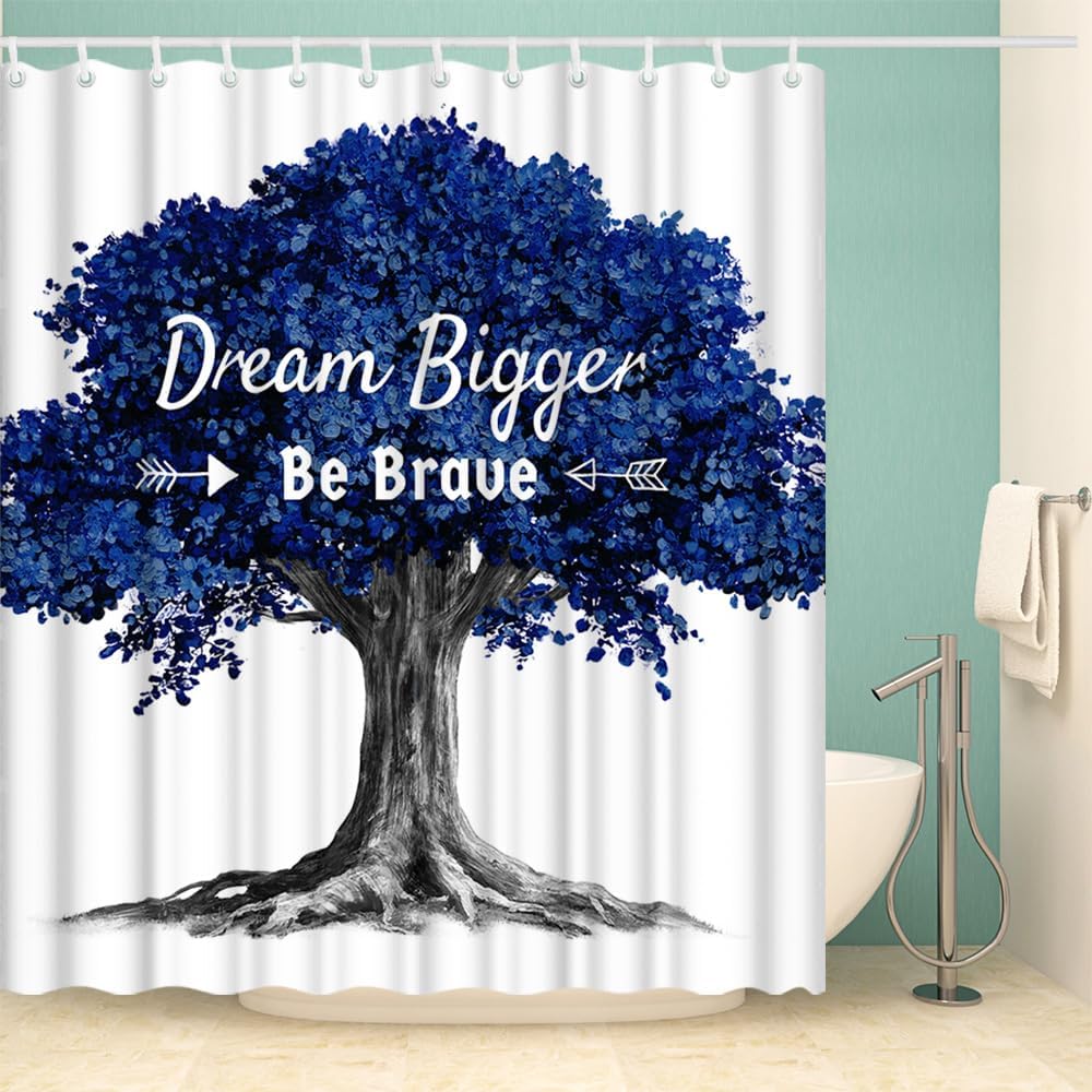Tree Shower Curtain Dream Bigger Be Brave Bathroom Art, Blue Tree Inspirational Bathroom Decor, Motivational Quote Fabric Bath Curtain, Modern Minimalist Bathroom Art (Navy)