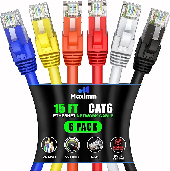 Maximm Cat 6 Ethernet Cable 15 ft (6-Pack) - High-Speed LAN Cable, Internet Cable, Patch Cable, and Network Cable - UTP, 10Gbps, 550MHz Ethernet Cord - Multicolor