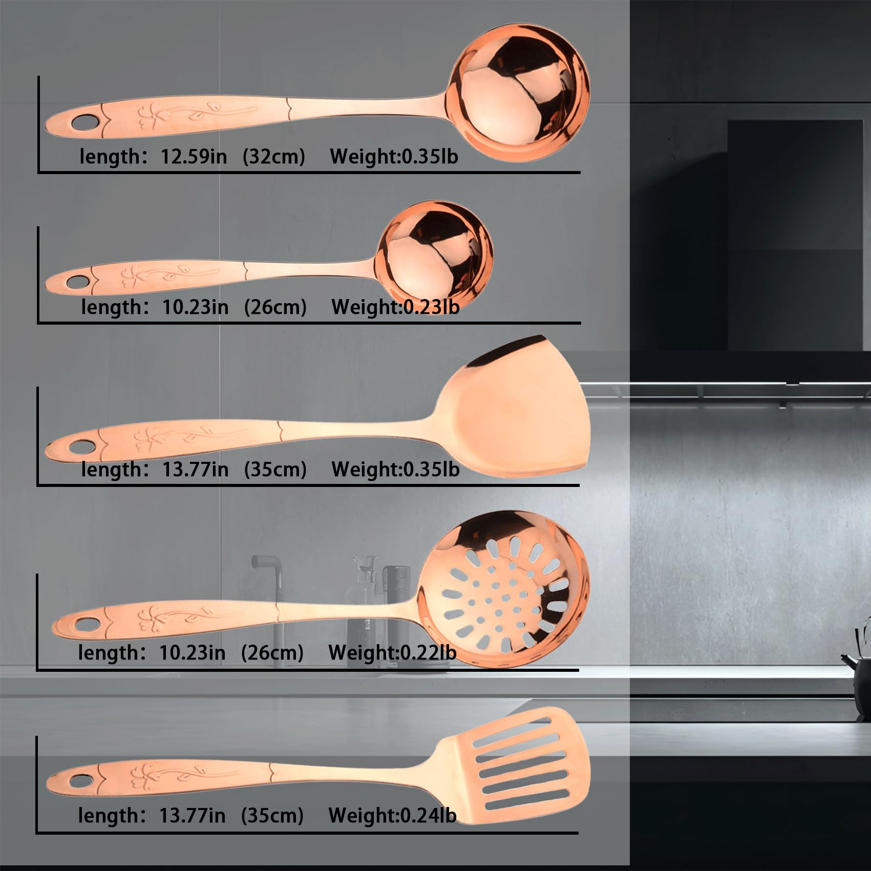 Lot de 5 ustensiles de cuisine en cuivre pur - Accessoires de cuisine élégants en cuivre pour la maison ou le restaurant