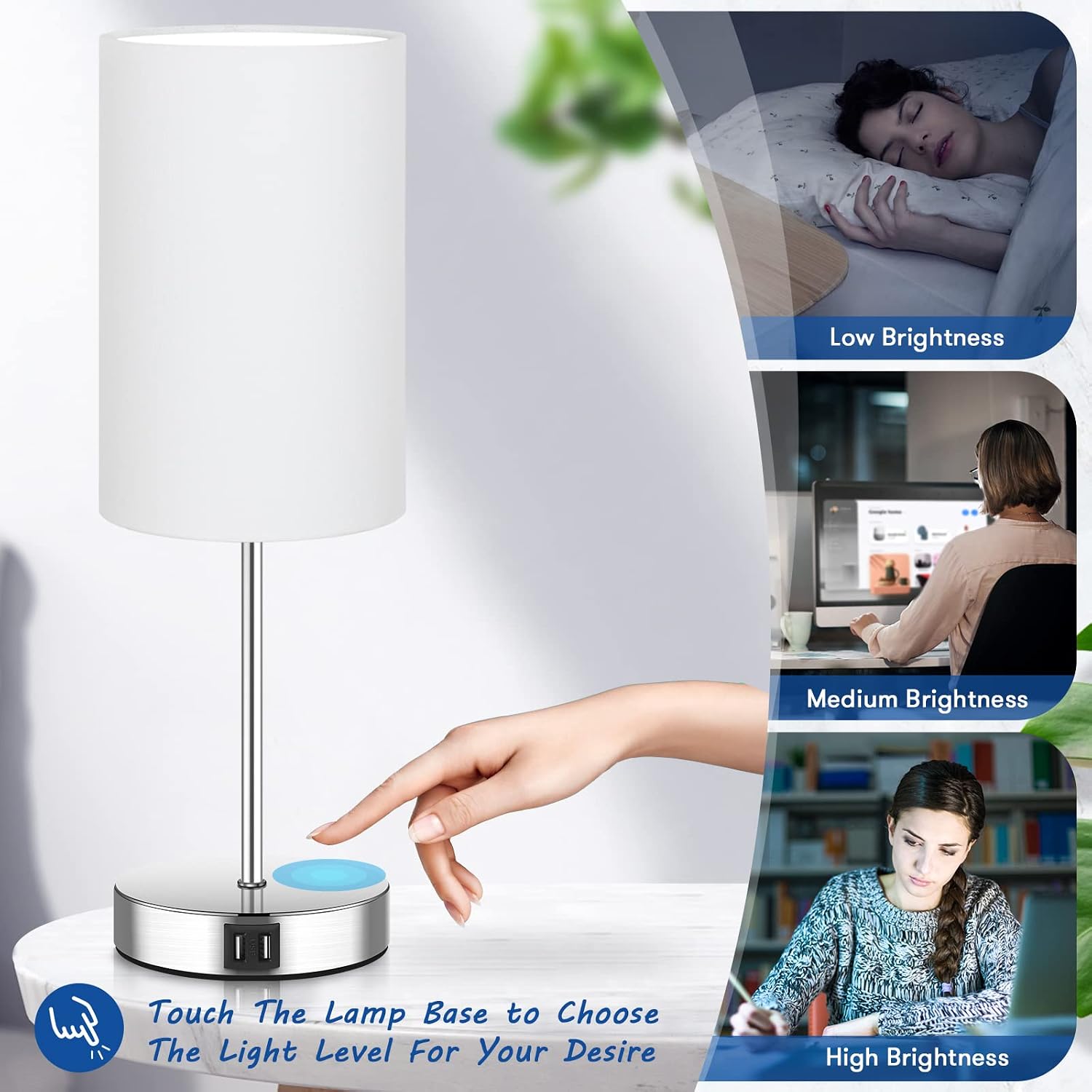 Touch Control Table Lamps Set of 2, 3 Way Dimmable Modern Nightstand Lamps with USB Charging Ports & AC Outlet, Brushed Nickle Bedside Desk Lamps with White Shades for Bedroom, 5000K LED Bulb Included