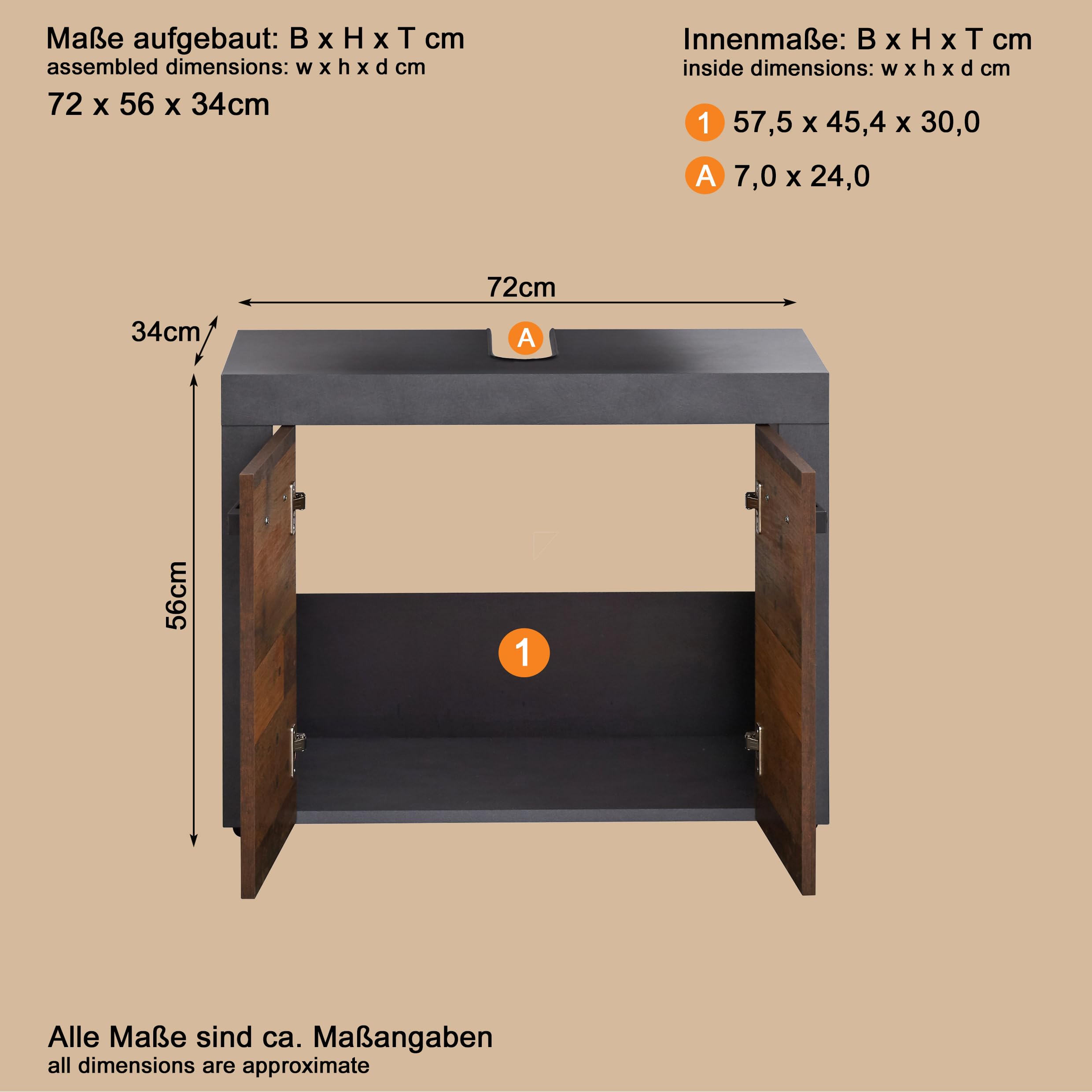 trendteam smart living - Szafka pod umywalkę szafka pod umywalkę - łazienka - Indy - wymiary po zmontowaniu (szer. x wys. x gł.) 72 x 56 x 34 cm - kolor Old Wood z Matera - 125930123