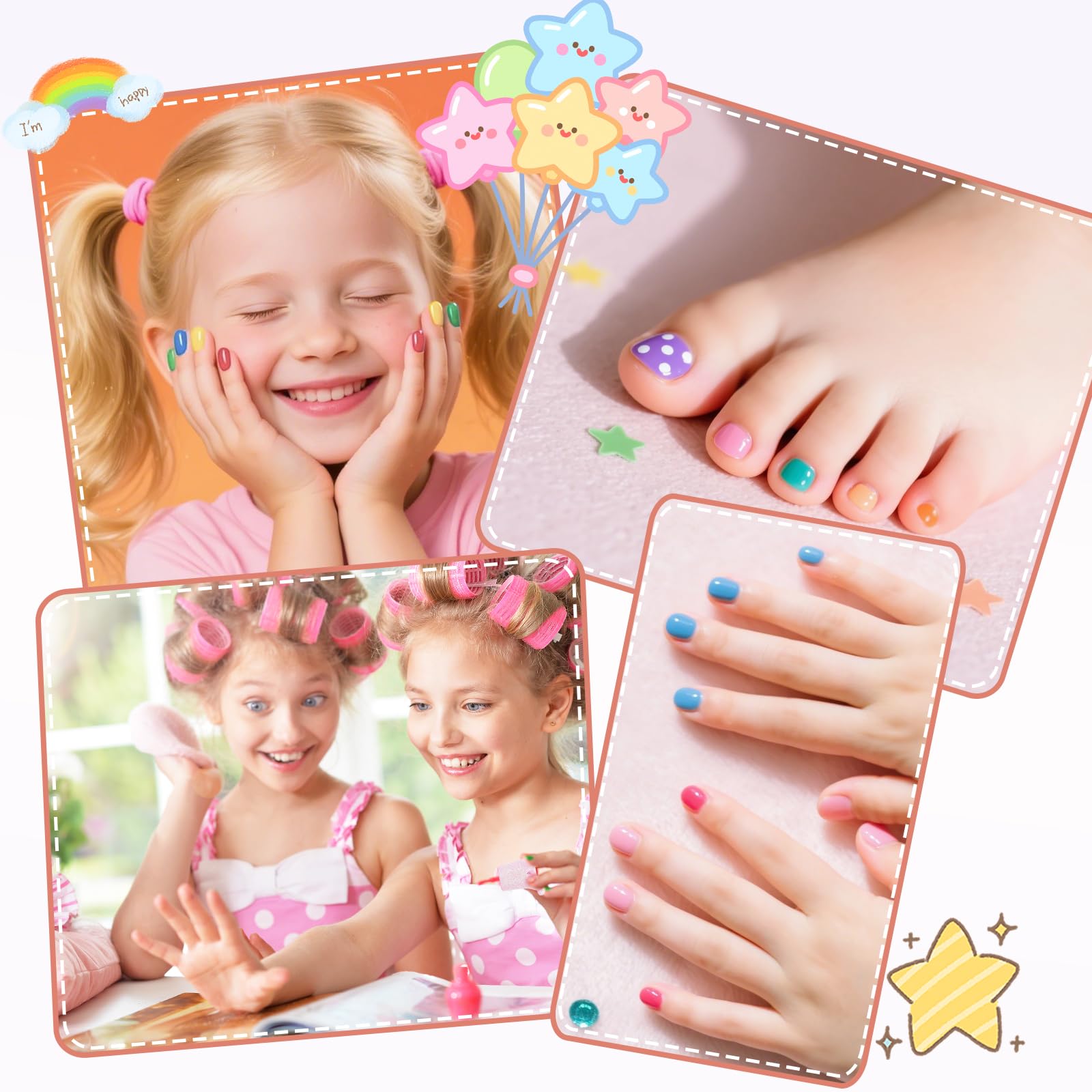 Juego de Esmalte de Uñas Pelables para Niñas – 5 x 5ml Colores con Purpurina, Secado Rápido, a Base de Agua + 2 Hojas de Pegatinas – Kit de Regalo Infantil