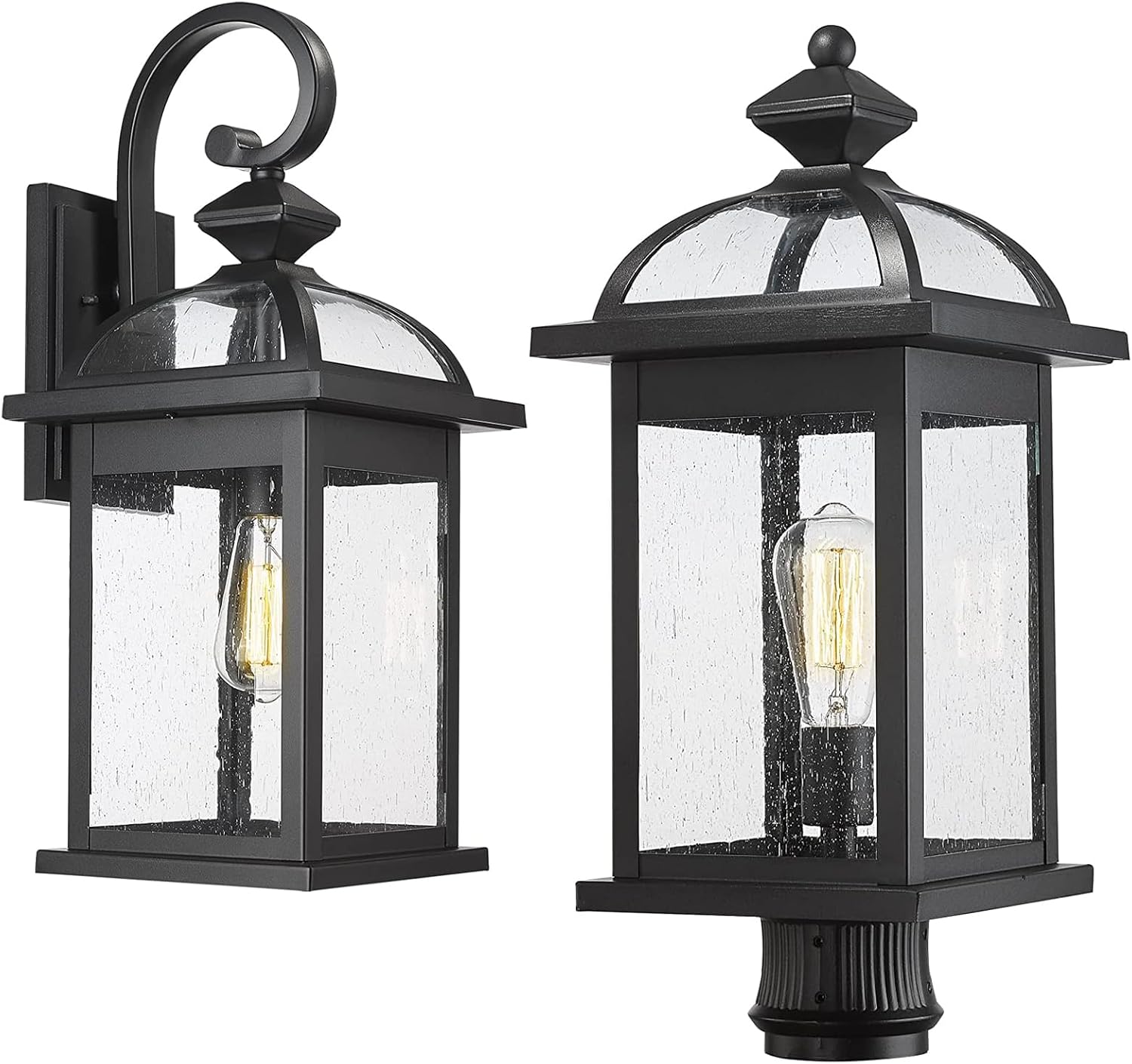 Darkaway Large Outdoor Lights Fixtures Wall Mount + Post Lights Outdoor Lamp Post Light Fixture with Seeded Glass Lamp Posts Outdoor Lighting for Patio, Garden, Pathway （1 Set）