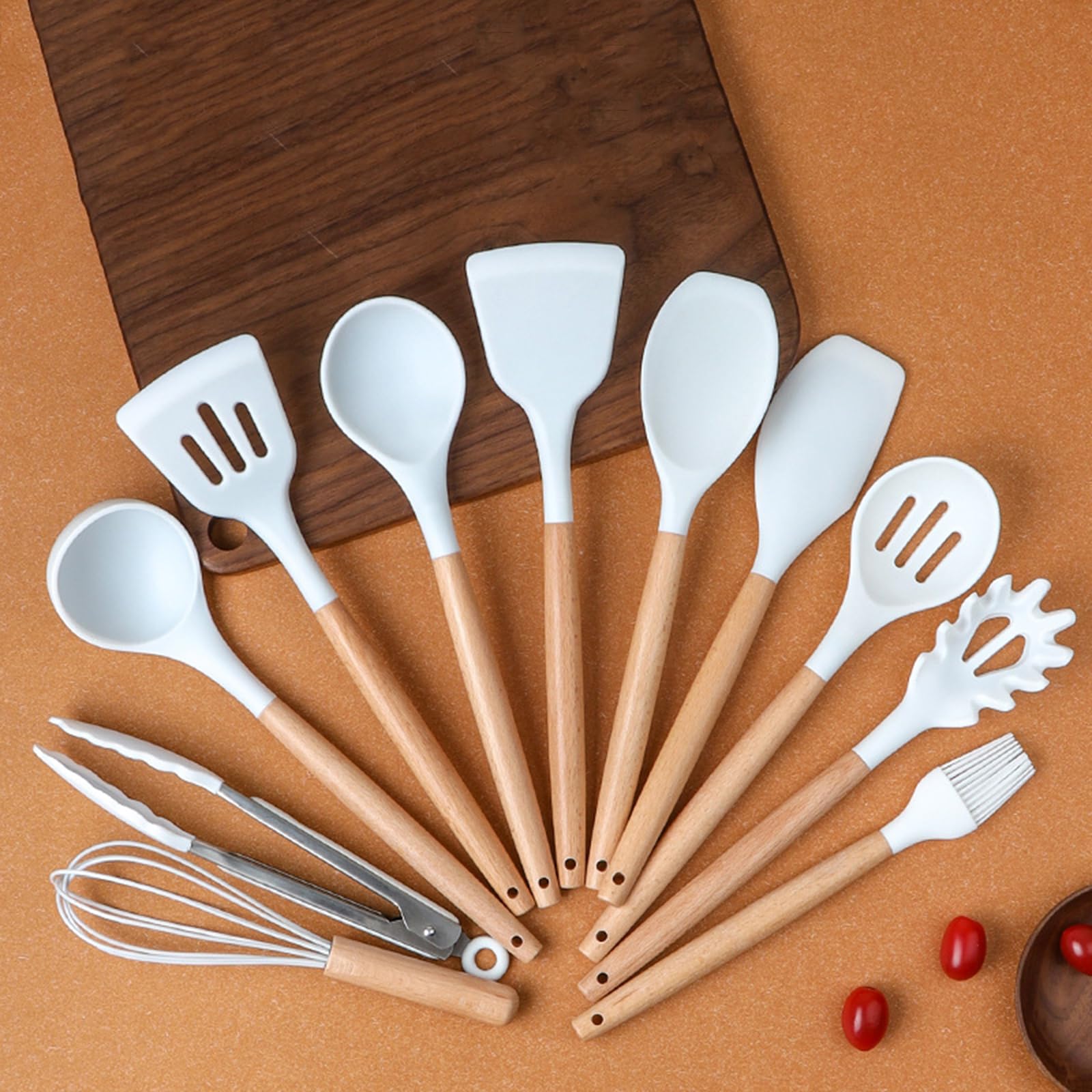 Küchenhelfer Set Aus Silikon, 12 Teiliges Küchenutensilien, Hitzebeständig, Antihaftbeschichtet, Hitzebeständiger Kochgeschirr Mit Utensilienhalter,mit Holzgriff Für BPA-freie Utensilien