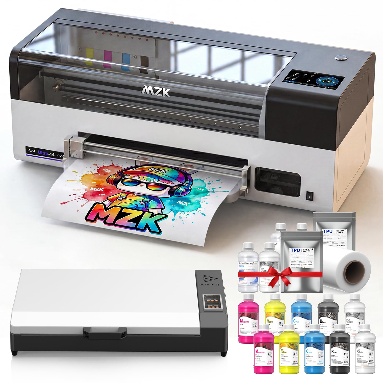 MZK 14''A3 DTF Printer Bundle With F1080 Printhead,2X Speed vs L1800/R1390,One-Click Printhead Moisturizing+24/7 Auto-Cleaning+White Circulation+Ink Anti-Clog Design,5" Smartscreen,2-Year Ink Included