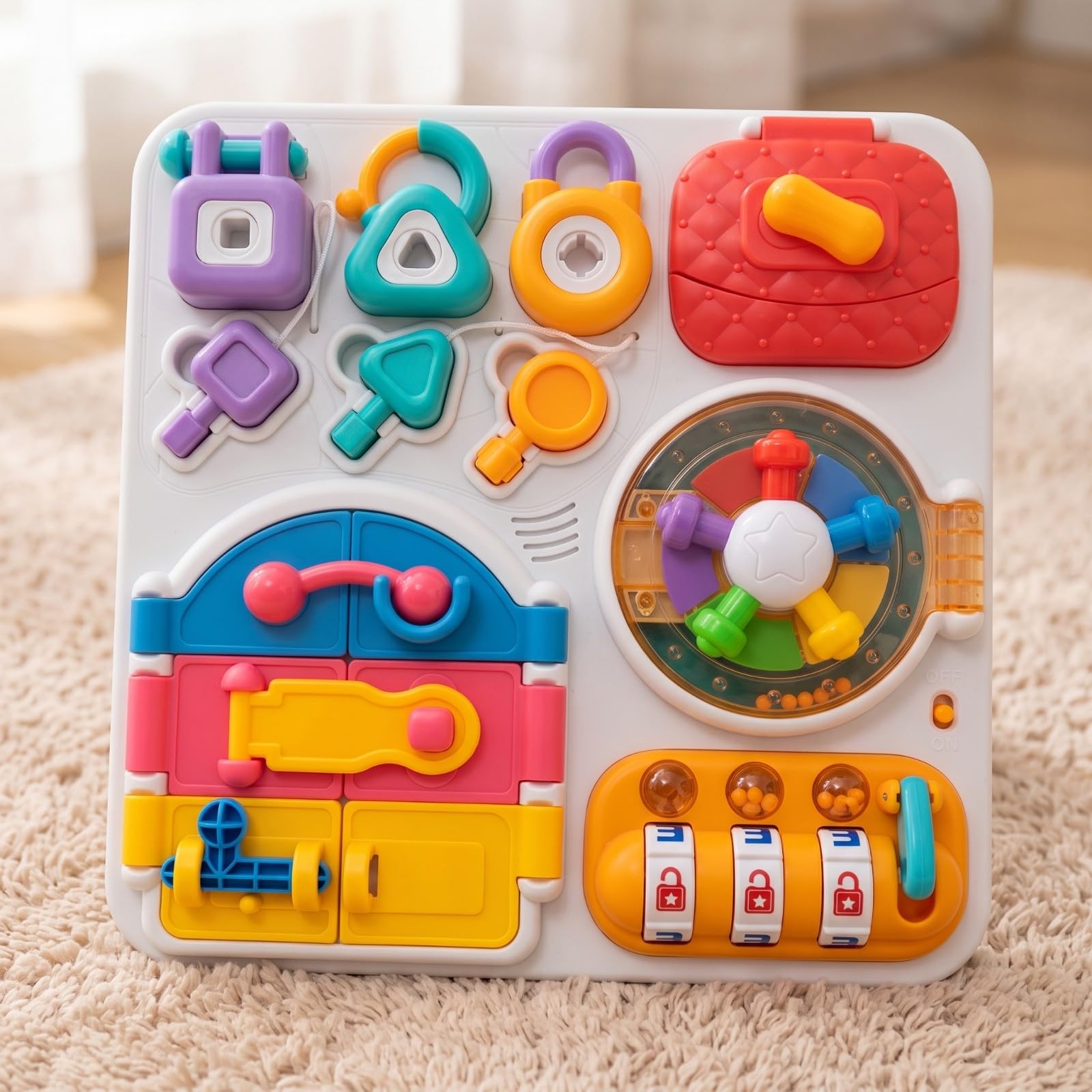 Bunt Beschäftigungsbrett mit Schlössern Motorikbrett, kompaktes Design für Unterwegs, Motorikbrett mit Schlössern, Zimmer, Babys