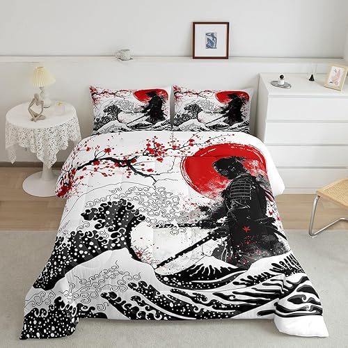 Miniatura 24 de Feelyou - Juego de edredón de olas japonesas tamaño queen para niños, flores de cerezo, edredón para niños, niñas y adolescentes, decoración de Azul