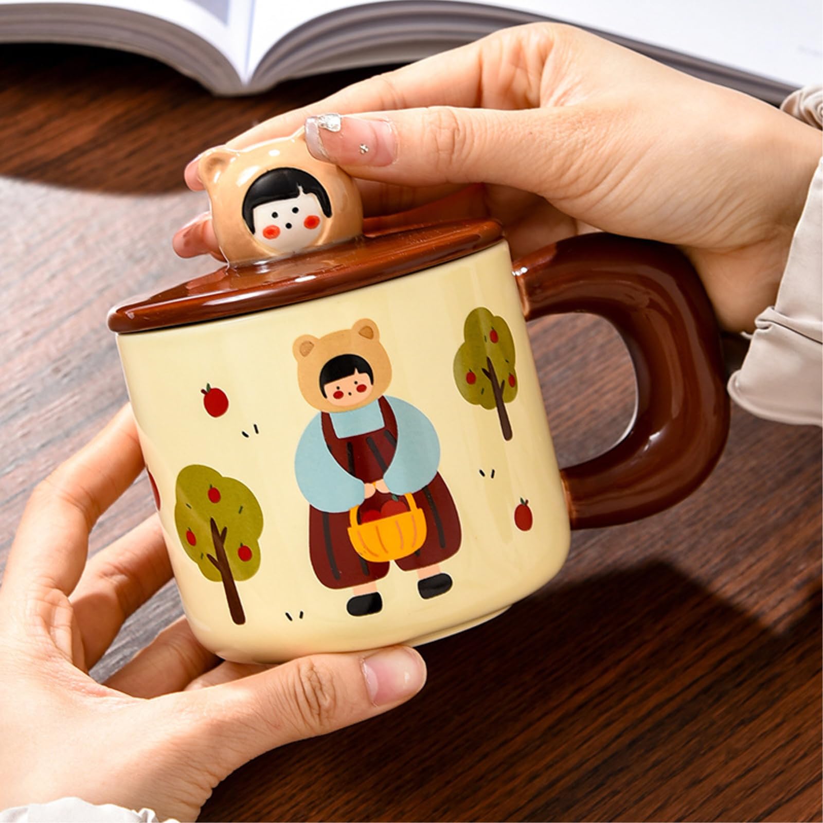 Taza de cerámica de 450 ml con tapa, diseño retro de conejo, color rojo, 450 ml