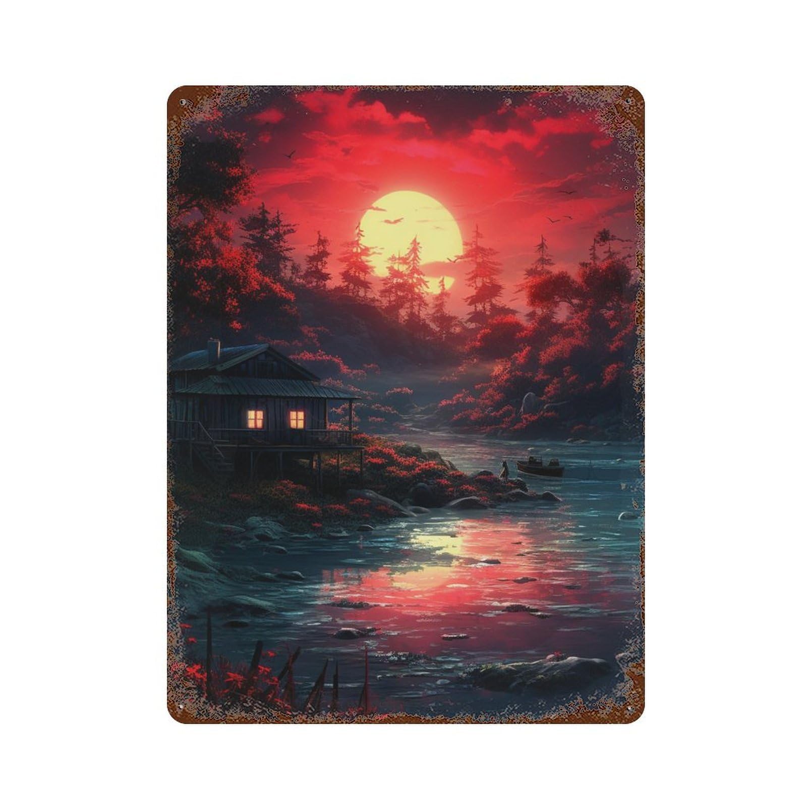 Serene Sunset Cabin Reflections Weathered Tin Sign 15.7"x11.8", Rustic Home Decor for Garage, Pub Or Kitchen