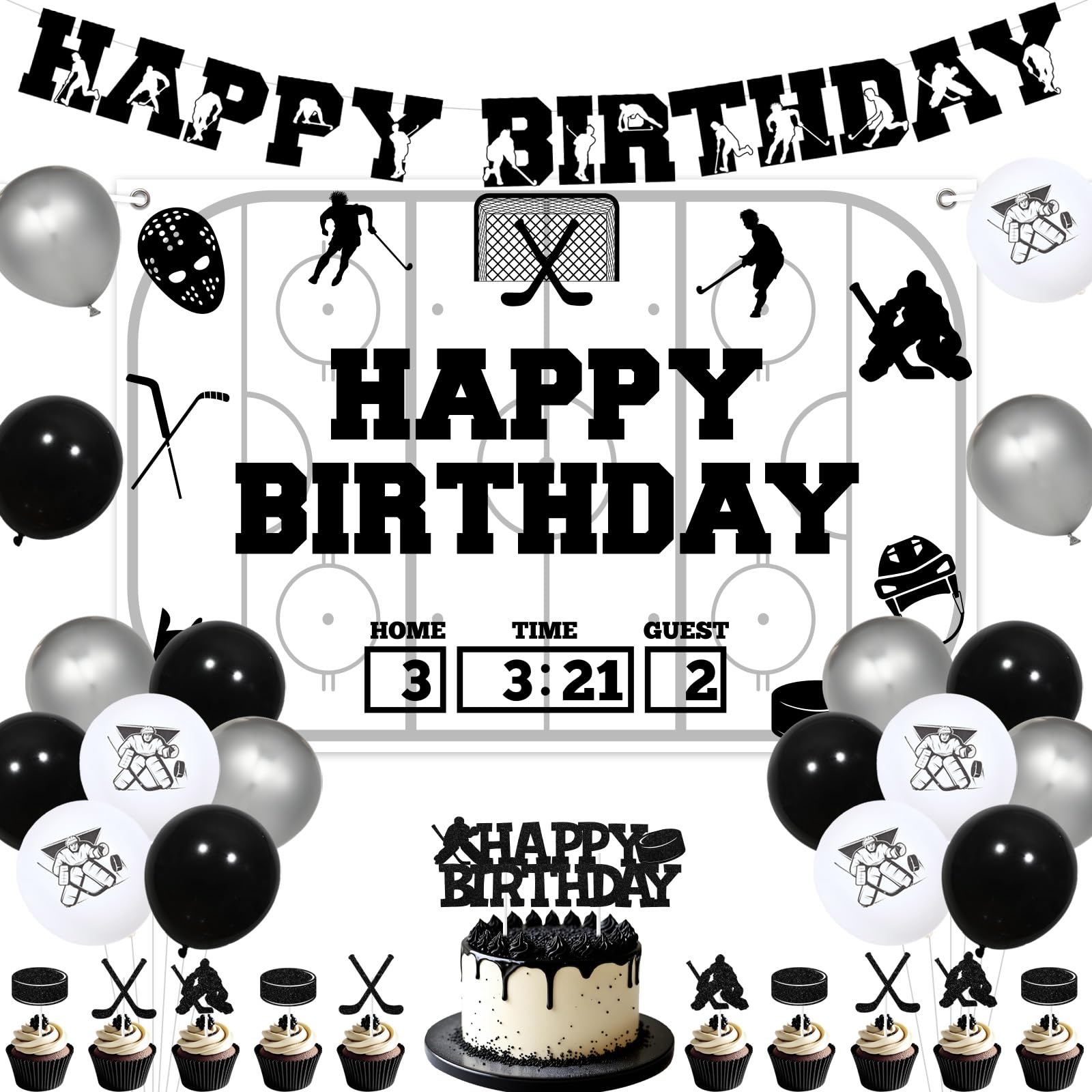 Balterever Ice Hockey Birthday Decorations for Boys Hockey Birthday Cupcake Cake Toppers Happy Bday Backdrop Game Day Party Decors for Sports Bday