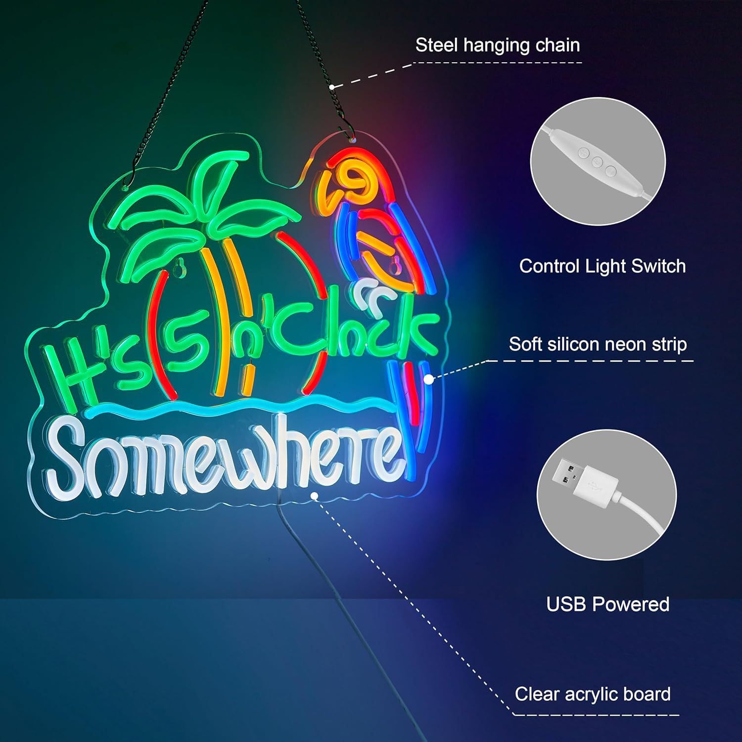 It's 5 Oclock Somewhere LED Neon Signs for Wall Decor Neon Wall Art Acrylic LED Lights with Hanging Chain Light Up Signs for Bedroom Decor Man Cave Bar Pub Wedding Party 5V USB Operated Dimmable - Image 4
