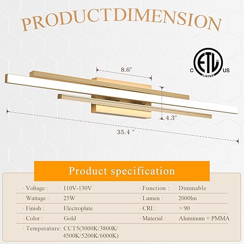 Miniatura 5 de Moderna lámpara de tocador dorada para baño, lámpara de pared sobre espejo de 35 pulgadas de largo, regulable, 3 luces LED, iluminación de pared de