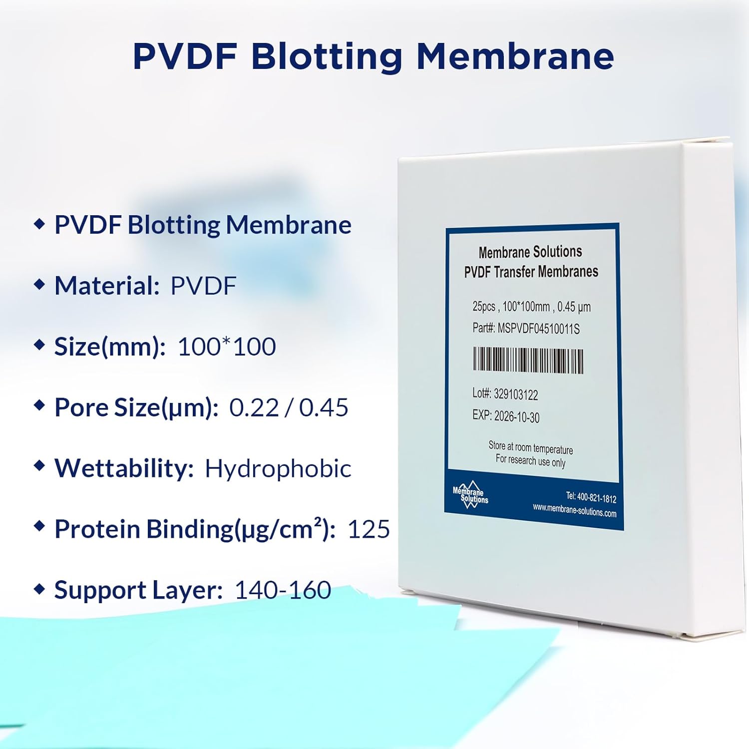 Membrane Solutions PVDF Transfer Membrane Filter 0.22μm Blotting Membrane, 100mmX100mm(Pack of 25)