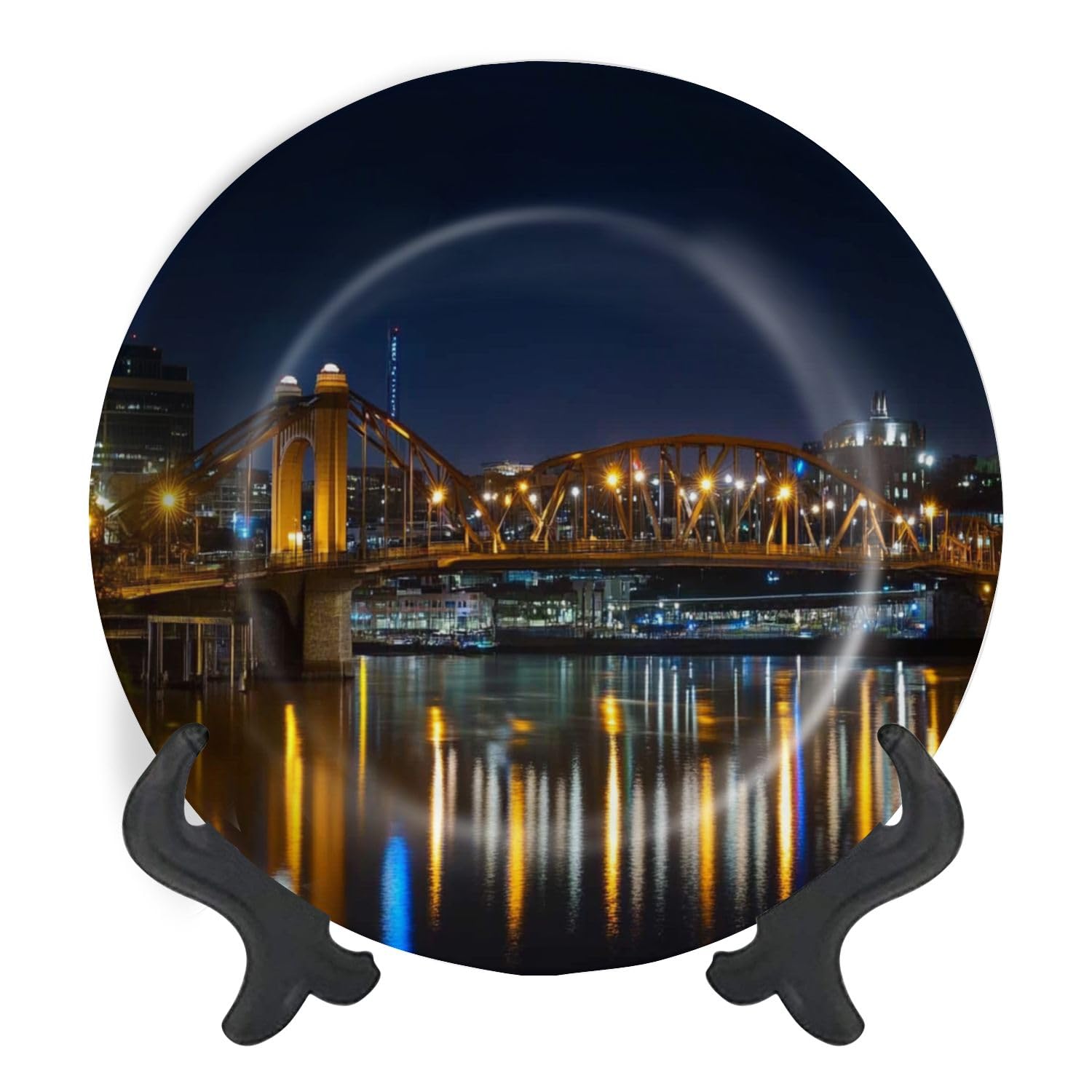 Decorative Plates for Display Night view bridge Allegheny River PNC Park Pittsburgh Gift Plates Ceramic Collections Plates Hanging Artwork for Living Dining Room Kitchen Souvenir