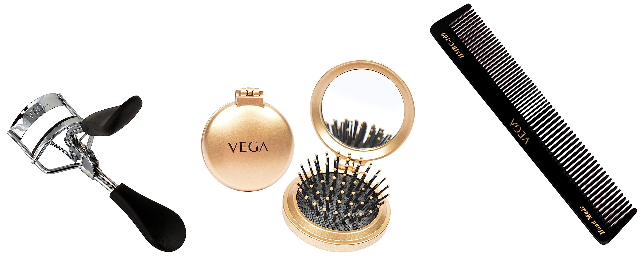 VEGA Compact Hair Brush with Foldable Mirror, (R2-FM), Color may vary & Vega Premium Eye Lash Curler & Vega Half Coarse