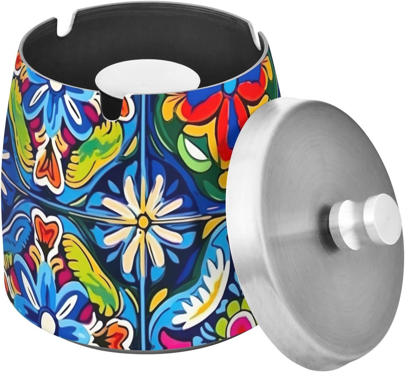 Mexican Talavera Tile Ashtray with Lid for Cigarettes Stainless Steel Smokeless Ash Tray for Home Outdoor Patio