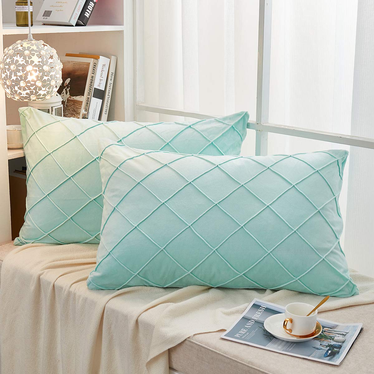 JAUXIO Diamond Pinch Pleated Crystal Velvet Pillowcases 2 Pack Solid Pintuck Throw Cushion Cover for Home Decor Hidden