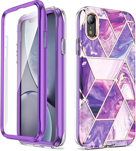 Asuwish Funda de teléfono para iPhone XR 6.1 con protector de pantalla híbrida lindo mármol a prueba de golpes, cuerpo completo, duro, resistente,