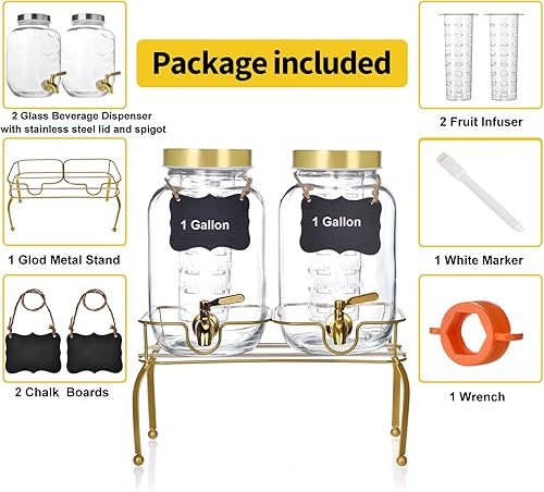 Miniatura 7 de Juego de 2 dispensadores de bebidas de vidrio de 1 galón – Dispensadores de bebidas para fiestas, dispensador de bebidas con soporte y grifo 100% a