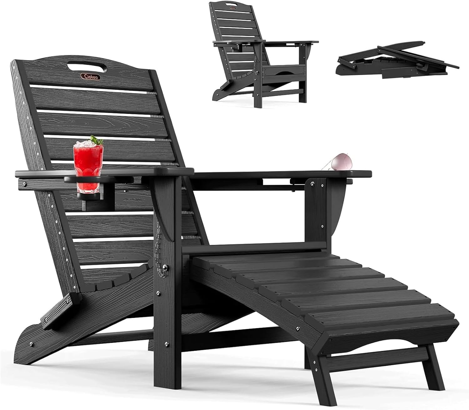 ciokea folding adirondack chair with retractable ottoman fire pit patio chair with pull out foot rest weather resistant lawn outdoor lounge chair with 2 cup holder (black) 1 black