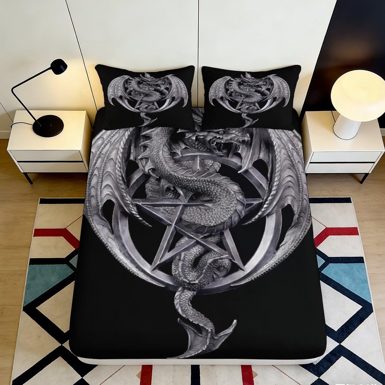3D Printed Black Dragon Fitted Sheet Microfiber Soft Breathable Gothic Tribal Bed Cover for Bedroom Dorm Mattress Protection Decor 90x200x25cm