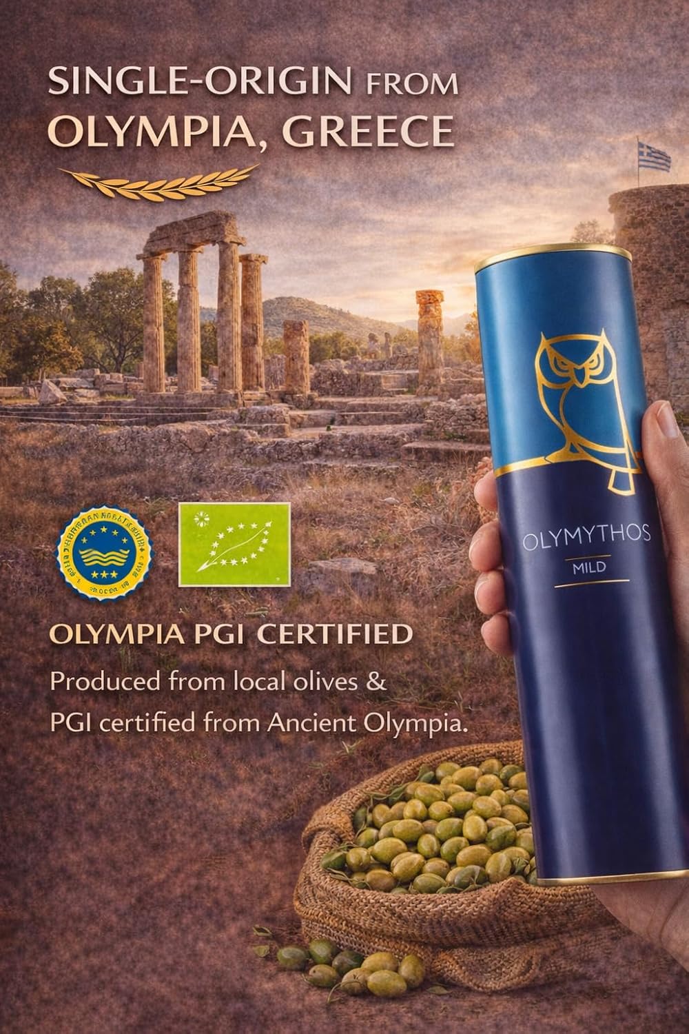 Olympian Myth Mild Extra Virgin Olive Oil - Olympia PGI - Polyphenol Rich - Award Winning - Single Origin - Soft Taste - Cold Pressed, 750 ml