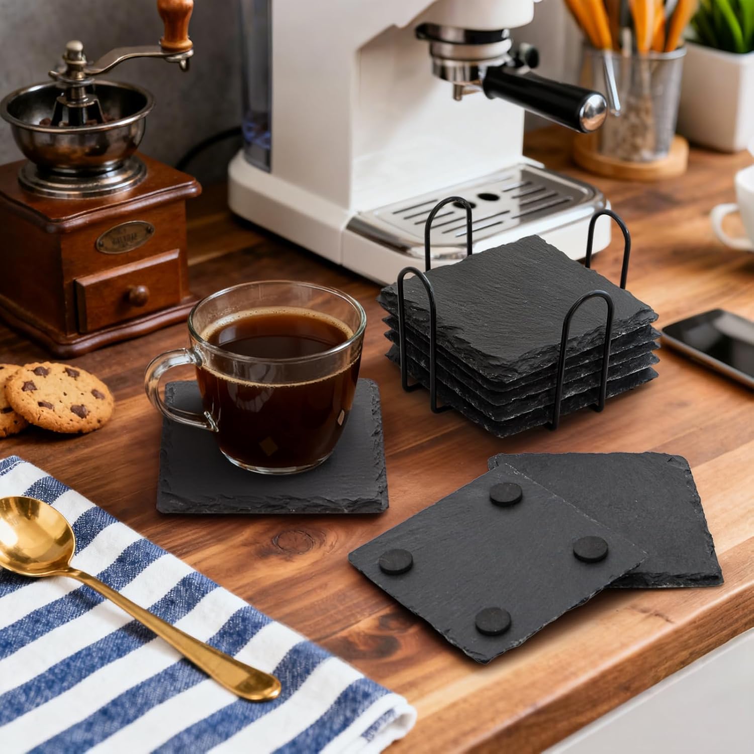 ZOOFOX 24 Pieces Drink Coasters, 4 Inch Square Slate Stone Coaster with 3 Holders, Handmade Coasters Set for Bar Kitchen Home Decor