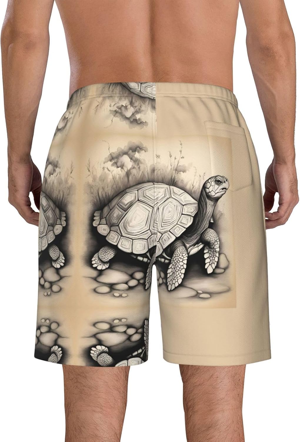 Turtle Write Print Men's Quick-Drying Shorts Casual Beach Pants Stretch Waist Shorts and Pockets