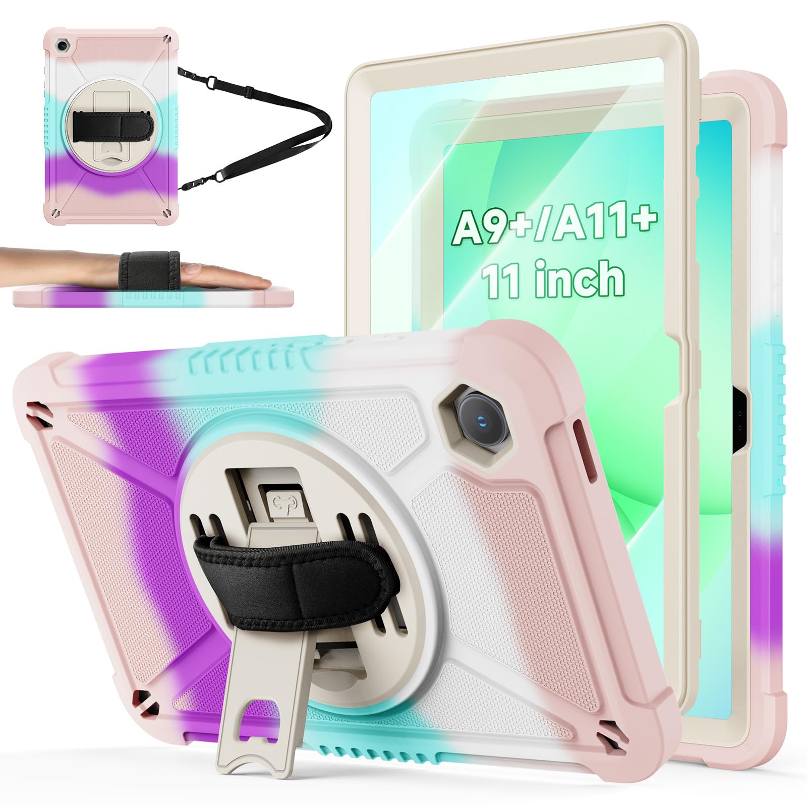 ZtotopCases for Samsung Galaxy Tab A11+ Plus/A9+ 11-Inch 2025/2023, Shockproof Hard Duty Case with Screen Protector+360 Rotating Hand Strap&Stand+Shoulder Strap for Tab A11+/A9 Plus Tablet, Colorful